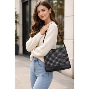 Kate Spade New York Signature Logo Pattern Shoulder Bag Black White Leather Trim